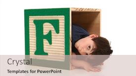 Presentation with old letter - PPT theme having adorable seven year old french american boy hiding in a giant alphabet block letter f over white background and a soft green colored foreground