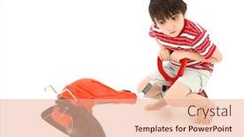  Presentation with weed - Beautiful PPT theme featuring adorable seven year old french american boy with weed whacker over white background backdrop and a coral colored foreground