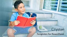  Presentation with book stairs - Presentation theme having adorable-student-boy-reading-book background and a light blue colored foreground