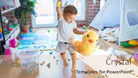  Presentation with doll - Beautiful presentation theme featuring adorable-toddler-holding-duck-doll backdrop and a lemonade colored foreground