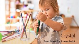  Presentation with cutout paper people standing around globe holding hands - Theme with adorable-toddler-holding-pencils-around background and a coral colored foreground