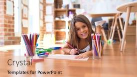  Presentation with kindergarten - Slide deck with adorable toddler lying down on the floor smiling happy drawing using paper and pencils at kindergarten background and a coral colored foreground