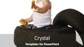  Presentation with tires - PPT layouts enhanced with adorable toddler playing with toy tools while standing in a stack of tires isolated on white background and a wine colored foreground