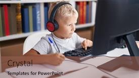  Presentation with student writing - PPT theme having adorable-toddler-student-using-computer background and a coral colored foreground