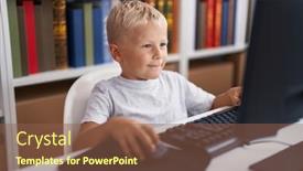  Presentation with computer - Slide deck with adorable-toddler-student-using-computer and a tawny brown colored foreground