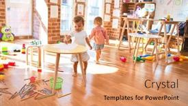  Presentation with toddlers - Colorful slide set enhanced with adorable toddlers girl drawing using pencil around lots of toys at kindergarten backdrop and a coral colored foreground