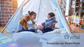  Presentation with toddlers - Audience pleasing slides consisting of adorable toddlers lying down over blanket inside tipi smiling and playing with doll at kindergarten backdrop and a light blue colored foreground
