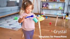  Presentation with cutlery food - Audience pleasing PPT layouts consisting of adorable toddlers playing meals using plastic food and cutlery toy at kindergarten backdrop and a coral colored foreground