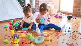  Presentation with cutlery food - Presentation design with adorable toddlers playing meals using plastic food and cutlery toy at kindergarten background and a coral colored foreground