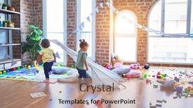  Presentation with toddlers - Audience pleasing slides consisting of adorable-toddlers-playing-with-tipi backdrop and a coral colored foreground