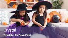  Presentation with halloween - Slide set with adorable-twin-girls-having-halloween background and a violet colored foreground
