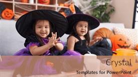  Presentation with halloween - PPT theme having adorable-twin-girls-having-halloween background and a coral colored foreground
