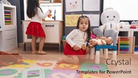  Presentation with doll - Presentation theme enhanced with adorable-twin-girls-playing-meal background and a coral colored foreground