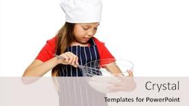  Presentation with cooking chef - PPT theme consisting of adorable young chef girl mixing flour with whisk for baking and cooking isolated background and a lemonade colored foreground