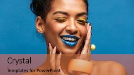  Presentation with curly hair - Slide set consisting of adornment - fashion image of smiling woman background and a  colored foreground