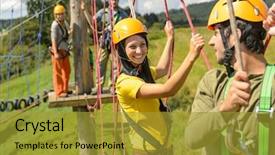  Presentation with wire ropes - Audience pleasing theme consisting of adrenaline - visitors in adventure park clambering backdrop and a gold colored foreground