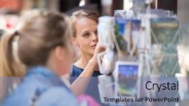  Presentation with media buying - Beautiful theme featuring adress - pretty young woman buying backdrop and a light blue colored foreground