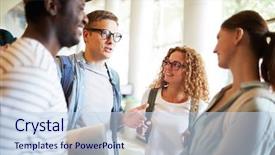  Presentation with intercultural - Presentation design featuring adult - group of young intercultural college background and a sky blue colored foreground