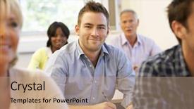  Presentation with class - Slide deck featuring adult - student in class background and a coral colored foreground