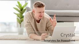  Presentation with remote working - PPT theme with adult-blond-man-freelancer-lies background and a mint green colored foreground