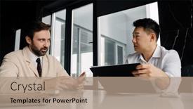  Presentation with modern building - PPT layouts with adult-businessman-discussing-with-asian background and a coral colored foreground