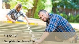  Presentation with men and women working in harmony - Presentation theme with adult carpenter working at construction background and a mint green colored foreground