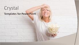  Presentation with white brick wall - Cool new presentation theme with adult caucasian woman over white brick wall eating pop corn stressed with hand on head shocked with shame and surprise face angry and frustrated fear and upset for mistake backdrop and a lemonade colored foreground