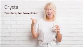  Presentation with white brick - Theme having adult caucasian woman over white brick wall drinking glass of milk pointing and showing with thumb up to the side with happy face smiling background and a lemonade colored foreground