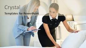  Presentation with room cleaning - Colorful PPT layouts enhanced with adult-chambermaid-and-hotel-manager backdrop and a soft green colored foreground
