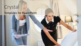  Presentation with room cleaning - Beautiful slides featuring adult-chambermaid-and-hotel-manager backdrop and a lemonade colored foreground