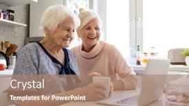  Presentation with adult teaching - PPT theme consisting of adult-daughter-teaching-her-elderly background and a coral colored foreground