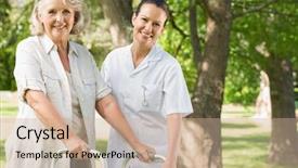  Presentation with walker - Audience pleasing slide deck consisting of adult day care - smiling young female assisting mature backdrop and a coral colored foreground