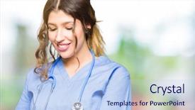  Presentation with medical - Slides with adult doctor woman wearing medical background and a  colored foreground