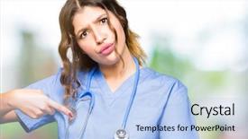  Presentation with upset - Slide set consisting of adult doctor woman wearing medical background and a  colored foreground