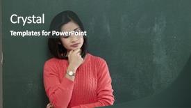  Presentation with contemplating - Audience pleasing slide set consisting of adult education ethics - thinking woman by blackboard university backdrop and a  colored foreground