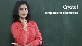  Presentation with contemplating - Audience pleasing presentation design consisting of adult education ethics - thinking woman by blackboard university backdrop and a  colored foreground