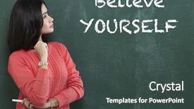  Presentation with contemplating - Cool new slide set with adult education ethics - thinking woman by blackboard university backdrop and a  colored foreground