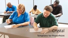  Presentation with adult education - Cool new presentation theme with adult education students taking backdrop and a coral colored foreground