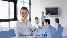  Presentation with big group people - Colorful PPT layouts enhanced with adult education training - business woman with her staff backdrop and a  colored foreground