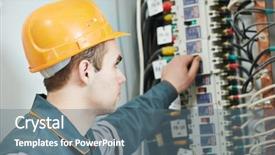  Presentation with electrical engineer - Amazing presentation design having distribution electrical lines - young adult electrician builder engineer backdrop and a ocean colored foreground