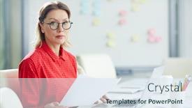  Presentation with glasses - Audience pleasing slide set consisting of adult-emotionless-woman-in-glasses backdrop and a sky blue colored foreground
