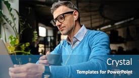  Presentation with coffee cup - PPT theme having adult-focused-handsome-man background and a teal colored foreground