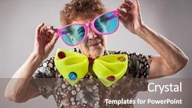  Presentation with fun - Audience pleasing PPT theme consisting of adult funny female on party backdrop and a tawny brown colored foreground