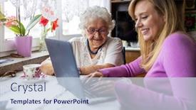  Presentation with adult teaching - Audience pleasing PPT layouts consisting of adult-granddaughter-teaching-her-elderly backdrop and a sky blue colored foreground
