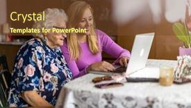  Presentation with adult teaching - PPT theme featuring adult-granddaughter-teaching-her-elderly background and a tawny brown colored foreground