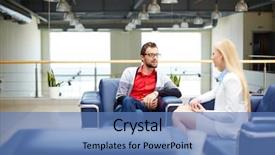  Presentation with double exposure of business people - Colorful slide deck enhanced with adult group - two business people interacting while backdrop and a teal colored foreground