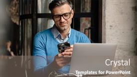  Presentation with blue - Presentation design consisting of adult-handsome-man-in-blue background and a gray colored foreground