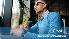  Presentation with coffee cup - Presentation theme having adult-handsome-man-with-stubble background and a teal colored foreground