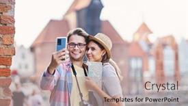  Presentation with tourists - Audience pleasing PPT theme consisting of adult-happy-tourists-sightseeing-gdansk backdrop and a mint green colored foreground