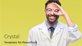  Presentation with eye doctor - Presentation theme having adult hispanic scientist or doctor man wearing white coat over isolated background doing ok gesture with hand smiling eye looking through fingers with happy face background and a yellow colored foreground